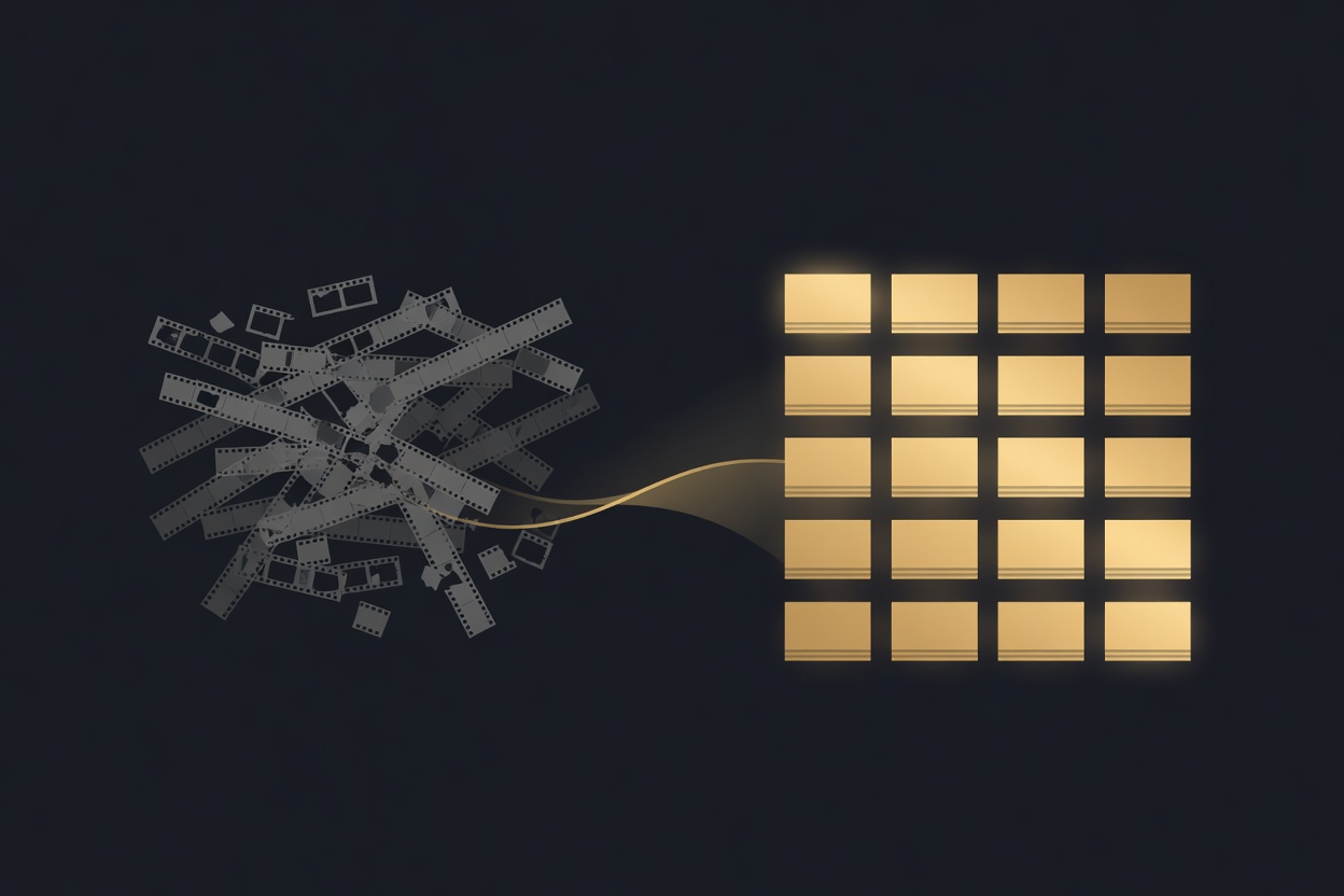 Scattered raw footage on the left being drawn into a tidy gold grid of keeper clips on the right
